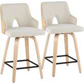 Stella 24" Swivel Counter Stool in Natural Wood, Cream Fabric & Black Footrest (Set of 2)